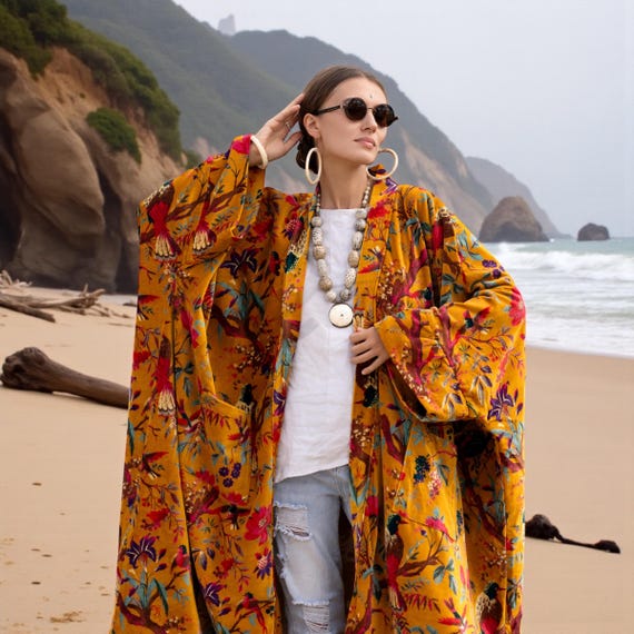 Plus Size Velvet Kimono Duster – Golden Sunbird Floral Boho Coat