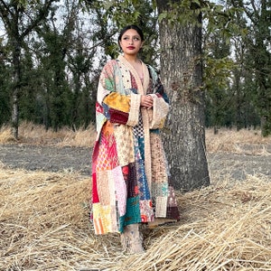 Shobu Modern Kimono Colorful Patchwork Duster Coat Abaya Gown Hand Quilted Fully Lined Holidays Festival Vacation plus size