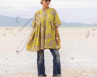 Aria Tunika – Chartreuse Flora Plus Size Bomull Boho Kaftan med Fickor | Hantverksmässig Överdimensionerad Topp