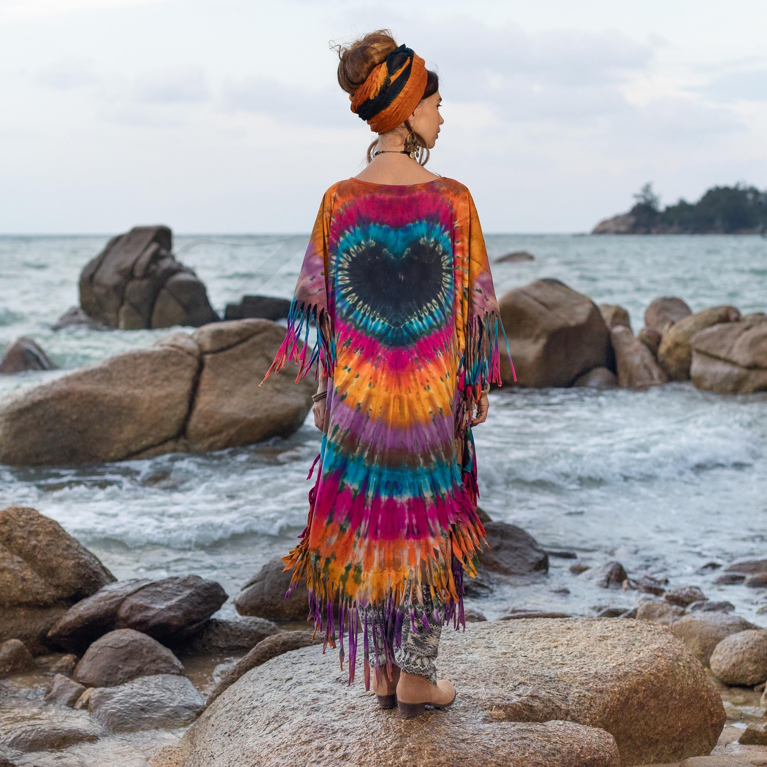 Celestial Heart Tie-dye Poncho Dress: Boho Fringe Kaftan Cover-up