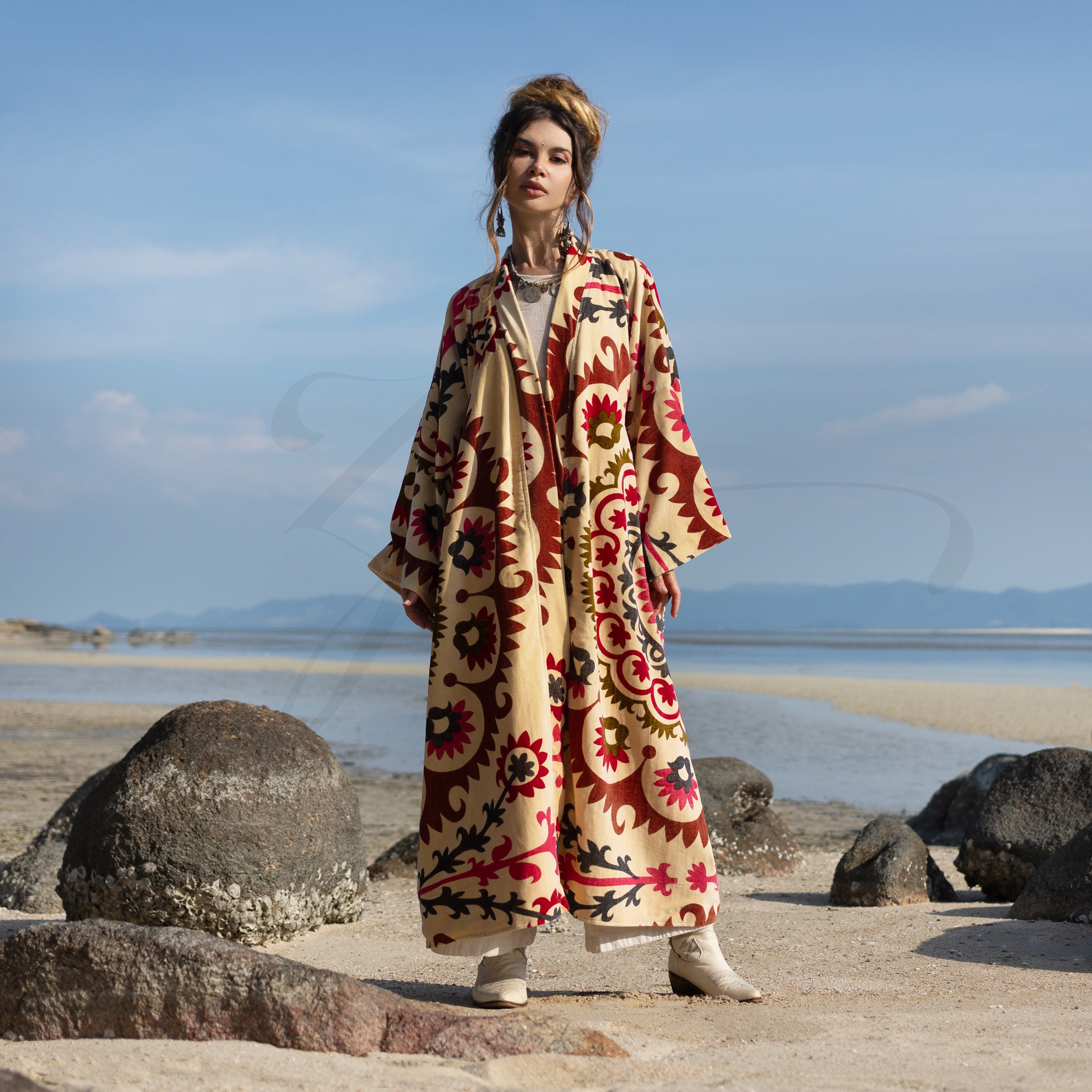 Cotton Velvet Kimono Coat: Maxi Boho Duster with Pockets - MAI