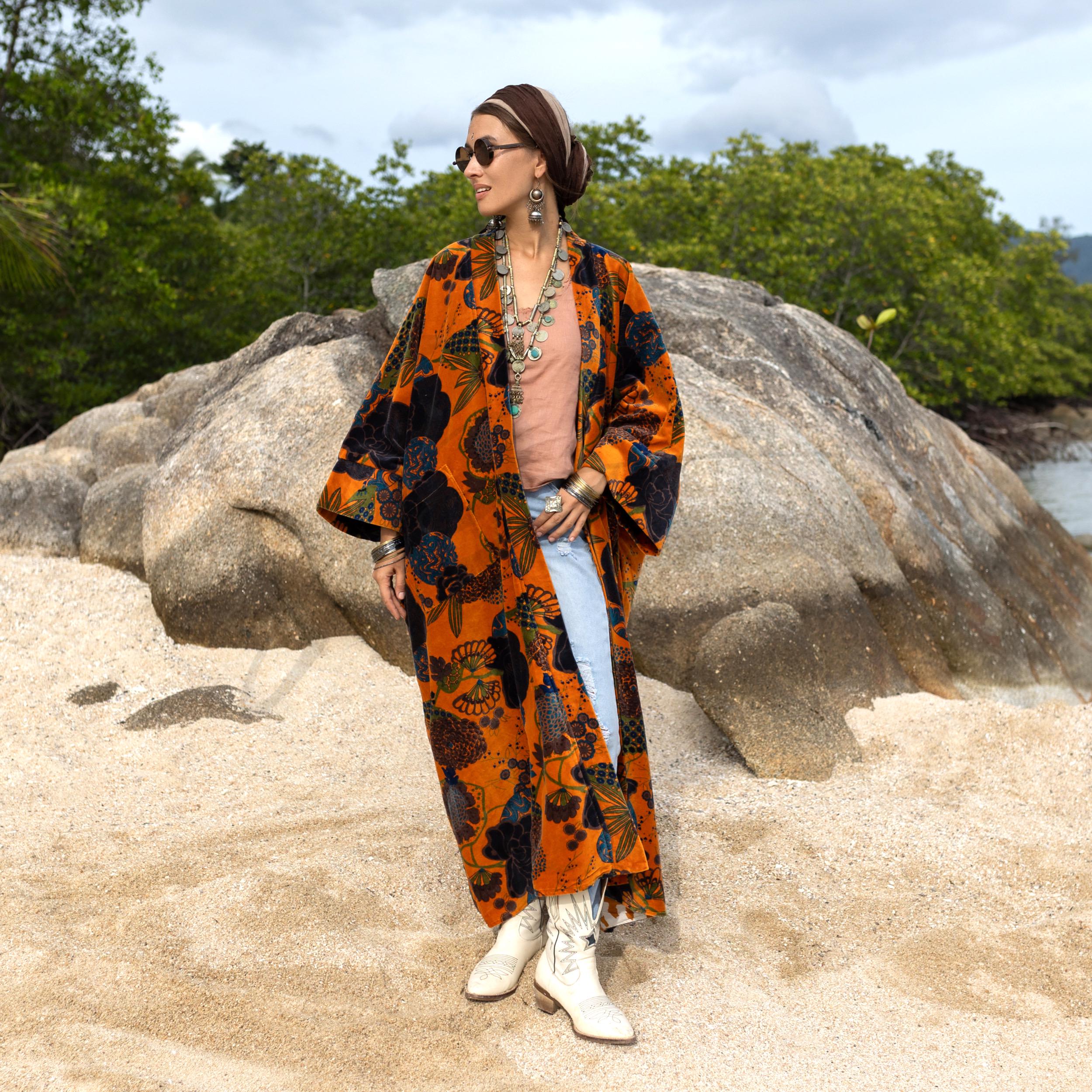 Sunfire Robe Plus Size Velvet Kimono Duster – Sunfire Bloom Floral Boho Robe ...