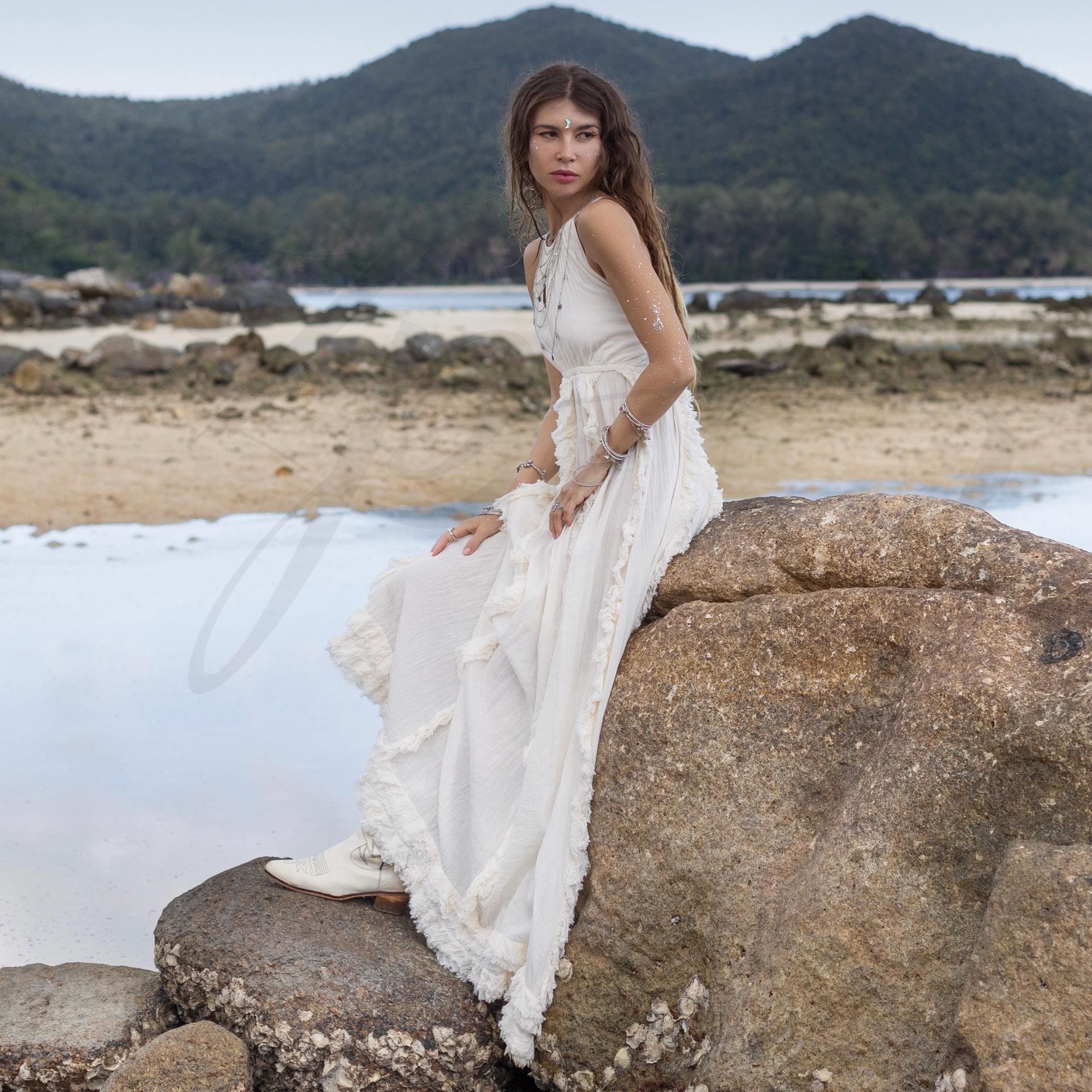 halter wedding dresses beach Boho Halter Wedding Dress: Ruffle Trim Cotton Beach Bridal Gown