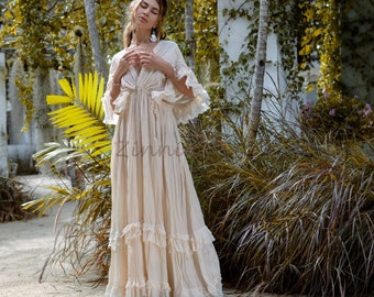 Beata Boho Wedding Dress raw cotton maxi dress pullover engagement resorts vacation regular size plus size relaxed fit classic elegant