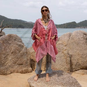 Runa Patchwork Vintage Silk Hoodie Poncho | Dusty Rose | Boho Festival Top