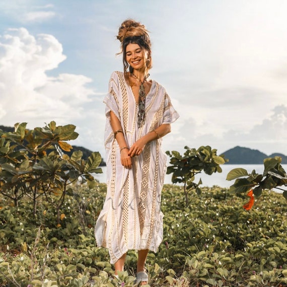 Alina Handmade Crochet Boho Kaftan Tunic Maxi Dress Top One Size