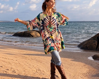 Galaxy Tie-Dye Kimono Tunic, Plus Size Boho Caftan Top, Festival Flame, Sizes 1X–3X