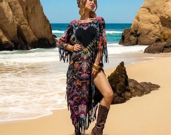 Plus Size Boho Tie-Dye Fringe Poncho – Handmade Cotton Kaftan | Arlo