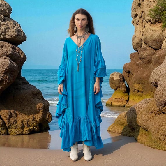 blue plus size boho dress Ocean Kaftan – Rayon Maxi Dress, Flowy Festival Gown | Wild Heart A quick iron on