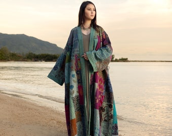 Shobu Modern Kimono Colorful Patchwork Duster Coat Abaya Gown Hand Quilted Fully Lined Holidays Festival Vacation plus size