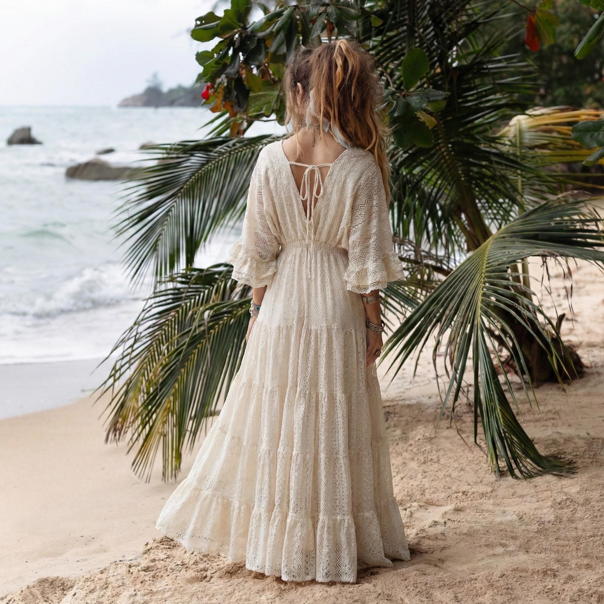 ivory lace maxi dress Between Two Worlds Vintage Mermaid Way, / XS A cascading front Electra Slinky Lace Maxi Dress
