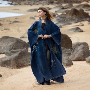 Cetara Hand-Painted Embroidered Denim Kimono | Midnight Indigo Boho Duster