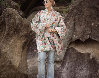 Plus Size Velvet Kimono Duster Jacket – Seashell Bloom Short Boho Coat | Mei