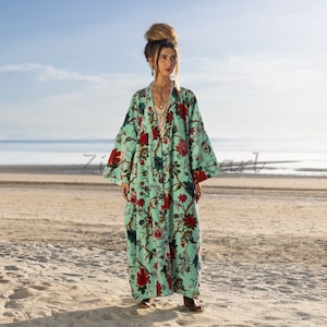 Floral Cotton Velvet Kimono: Maxi Boho Duster Coat- MAI