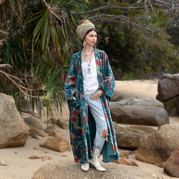 Plus Size Velvet Kimono Robe: Boho Floral Duster Coat Harper