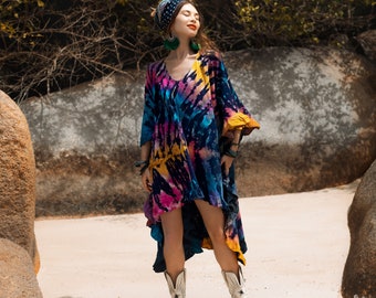 Hand Tie-Dye Cotton Tunic: Asymmetrical Boho Dress - Cleo