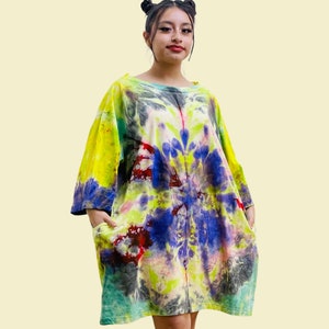 Handmade Tie-Dye Tunic Dress – Plus Size Boho Kaftan, Electric Wave Galaxy
