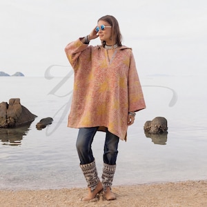 Upcycled Kantha Hoodie – Dusted Amber | Reversible Cotton Jacket | Plus Size Boho Coat | Ecostitch