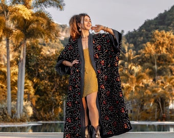 Misty Enchantment Long Velvet Kimono Duster Coat - One Plus Size Luxury for Special Events