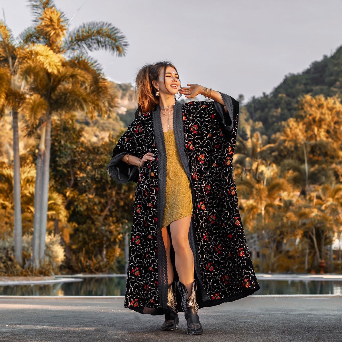 Misty Long Velvet Jacket Kimono Duster Coat Holidays Vacation