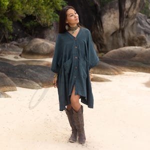 Plus Size Boho Cotton Tunic: Indigo Palm Hand-Dyed Crinkle Gauze Dress - Bellina