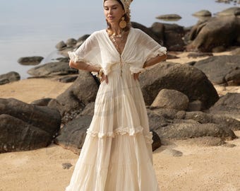 Beata Sheer Cotton Voile Maxi Dress | Boho Beach Wedding Gown | Ethereal Bridal Goddess Dress