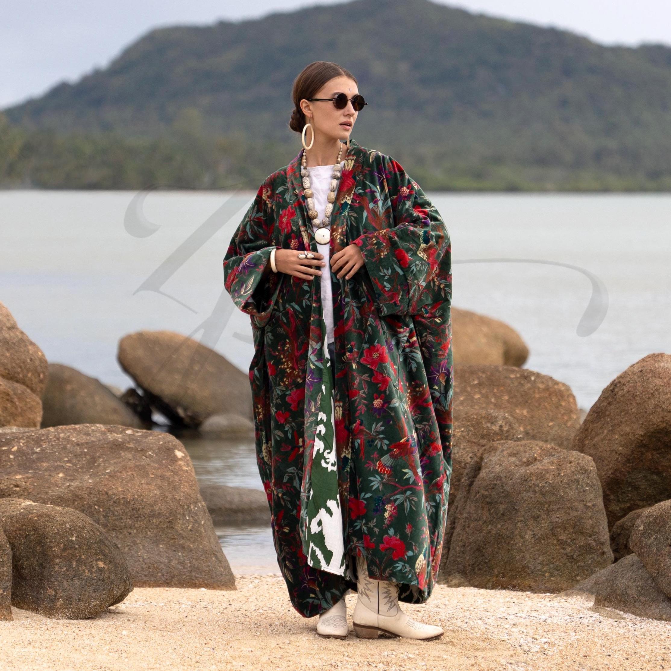ロング丈ベルベットダスターコート、プラスサイズボヘミアン着物 