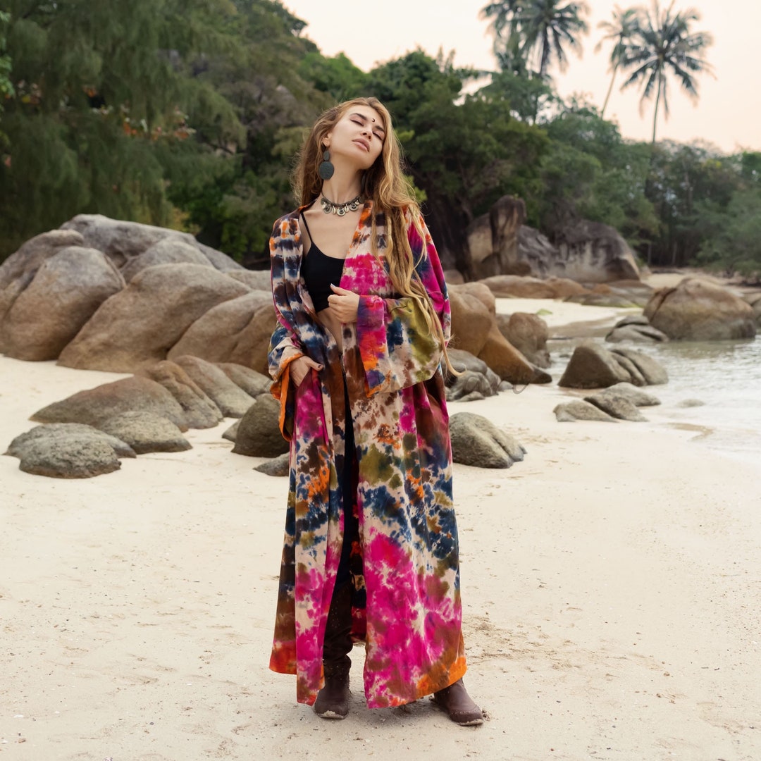 Yuma Maxi Hand Tie Dye Kimono Duster Cardigan Beach Coverup Festival ONE PLUS SIZE Boho Hippie