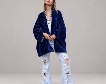 Mei Sapphire Blue Cotton Velvet Kimono Jacket | Boho Velvet Coat with Striped Lining