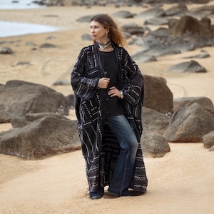 Stone Noir Soft Denim Shashiko Patchwork Maxi Kimono | Artisan Embroidered Duster