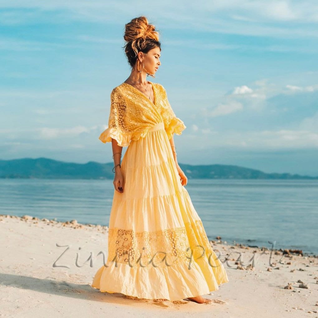 Lunette Lace-Trimmed Cotton Maxi Dress - Handmade Smocked Waist Boho Gown | Zinniapearl