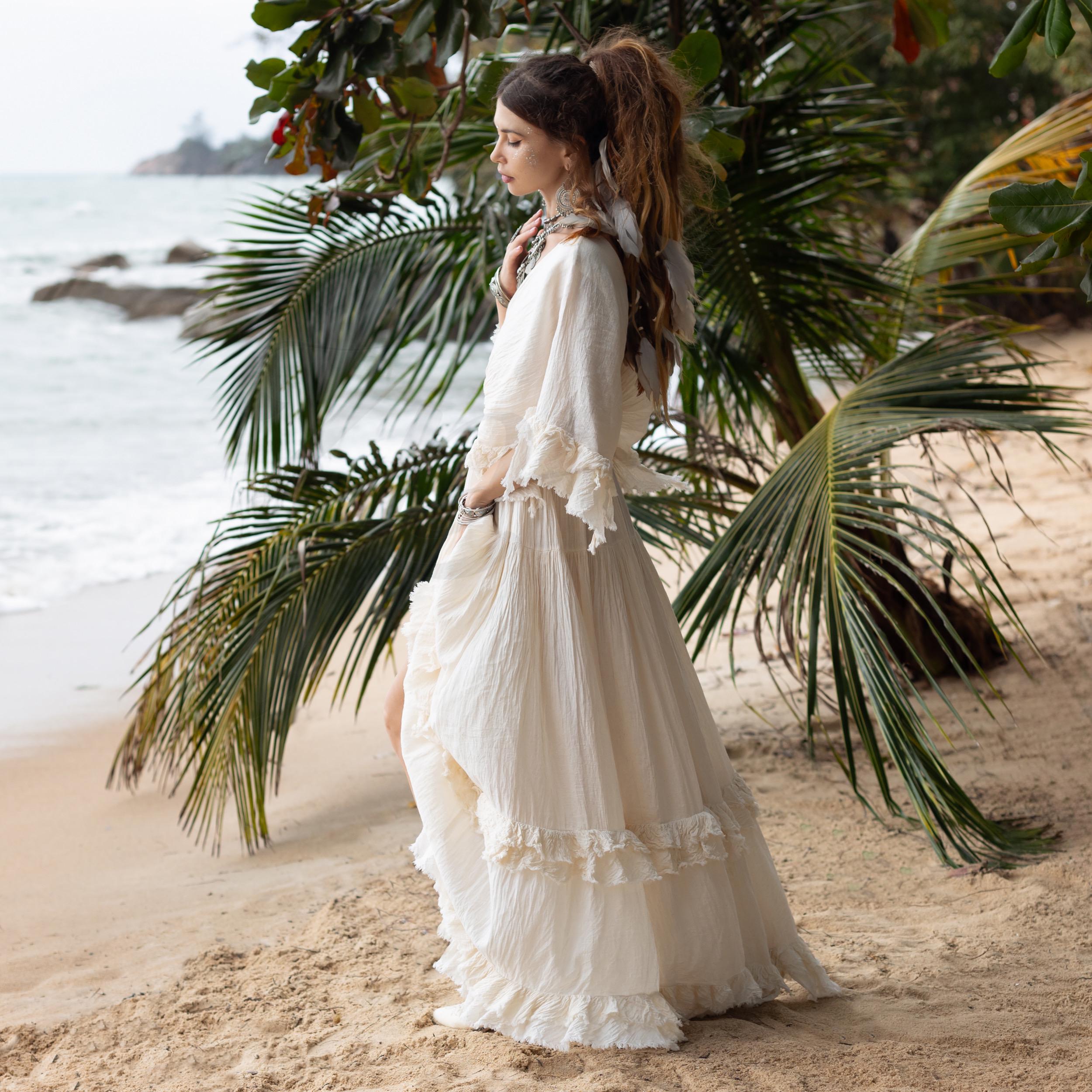 plus size boho wedding dress Plus Size Boho Wedding Dress: Ruffled Flutter Sleeves, Raw Cotton A-line -  Beata