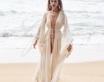 Ruwe katoenen boho maxi-kimonostofdoek: bruidsgewaad met ruches - Cara