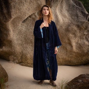 Women’s Long Velvet Kimono Jacket | Warm Winter Coat, Oversized Royal Blue Boho Duster, Regal Evening Wrap| Mai Kimono- ZinniaPearl