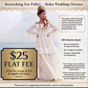 Elegant bohemian wedding dress worn by a woman standing on a beach, featuring an off-shoulder lace bodice, flowing tiered skirt, and bell sleeves in soft ivory cotton. Text overlay displays “Restocking Fee Policy – Boho Wedding Dresses” with a $25 flat return fee notice. Additional policy details explain 14-day return window, original condition requirement, and no refunds for refused packages due to unpaid customs fees.