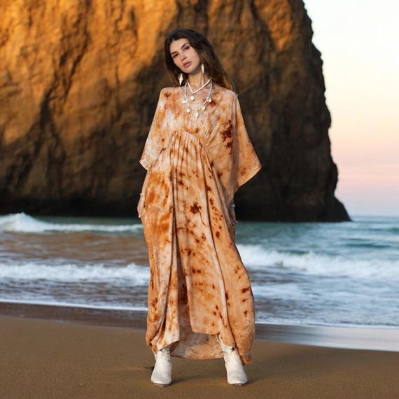 Tiedye Boho Rayon Kaftan Dress: Desert Clay Maxi, Plus Size - Cosmic Drift