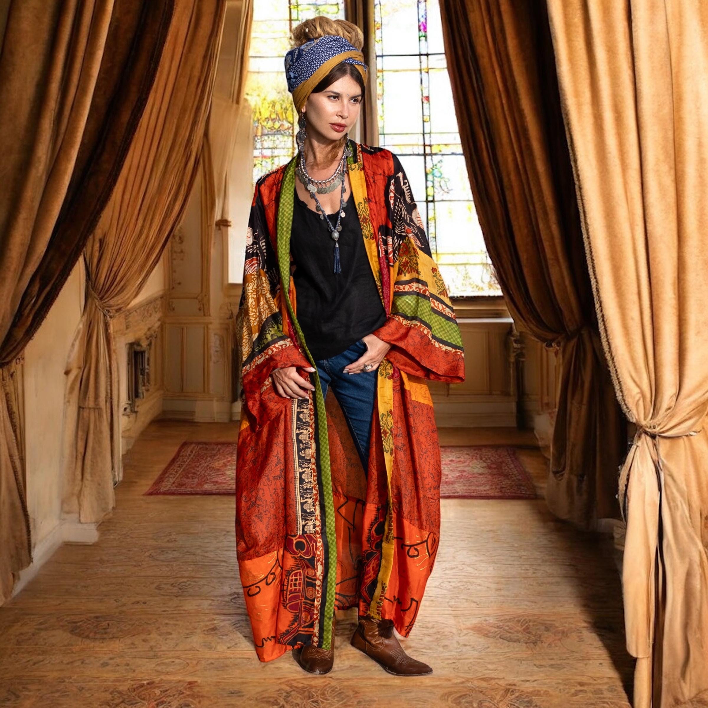 Upcycled Silk Kimono Duster: Canyon Ember Patchwork Boho Robe