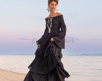 Off-Shoulder Cotton Maxi Dress – Bohemian Tiered Festival Gown | Lucia Raven Black