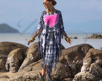Plus Size Dusken Pink Heart Tie-Dye Kaftan - Boho Fringe Poncho - Arlo