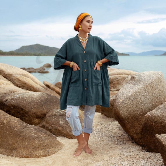 Aria Tunic – Smoky Jade Cotton Gauze Plus Size Boho Kaftan