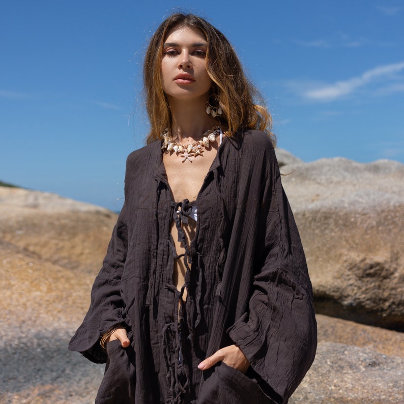 Aimi Kimono Boho Duster Cotton Cardi Beach Coverup Vacation Resort Wear