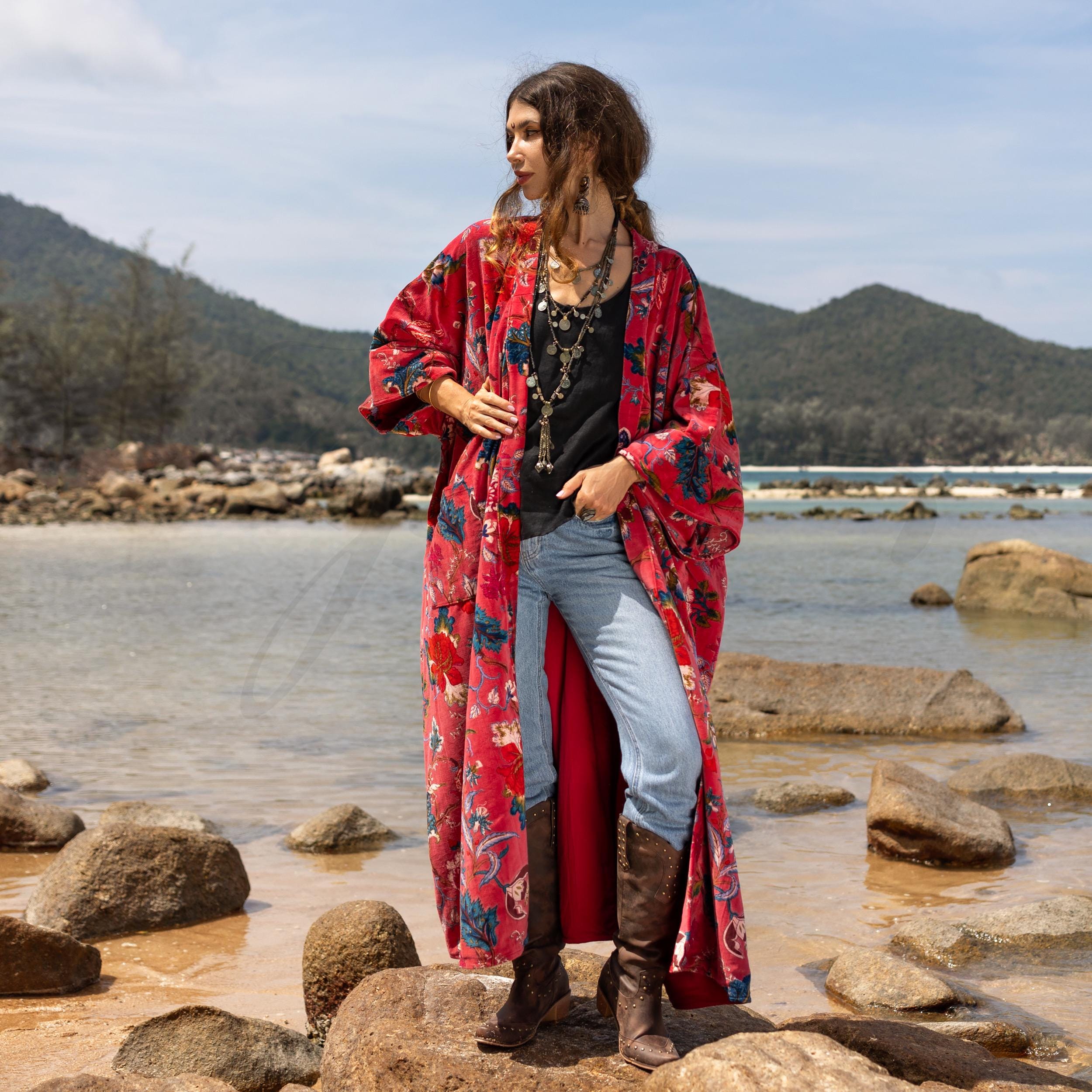 Luxurious Plus Size Velvet Kimono Robe – Harper Jade Vintage Coral Boho with Pockets, Cozy Fall Holiday Statement Layering Piece by ZP