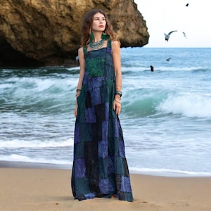 Handmade Plus Size Boho Maxi Kleid: Jade Indigo Patchwork Baumwolle Sommerkleid - Binsa