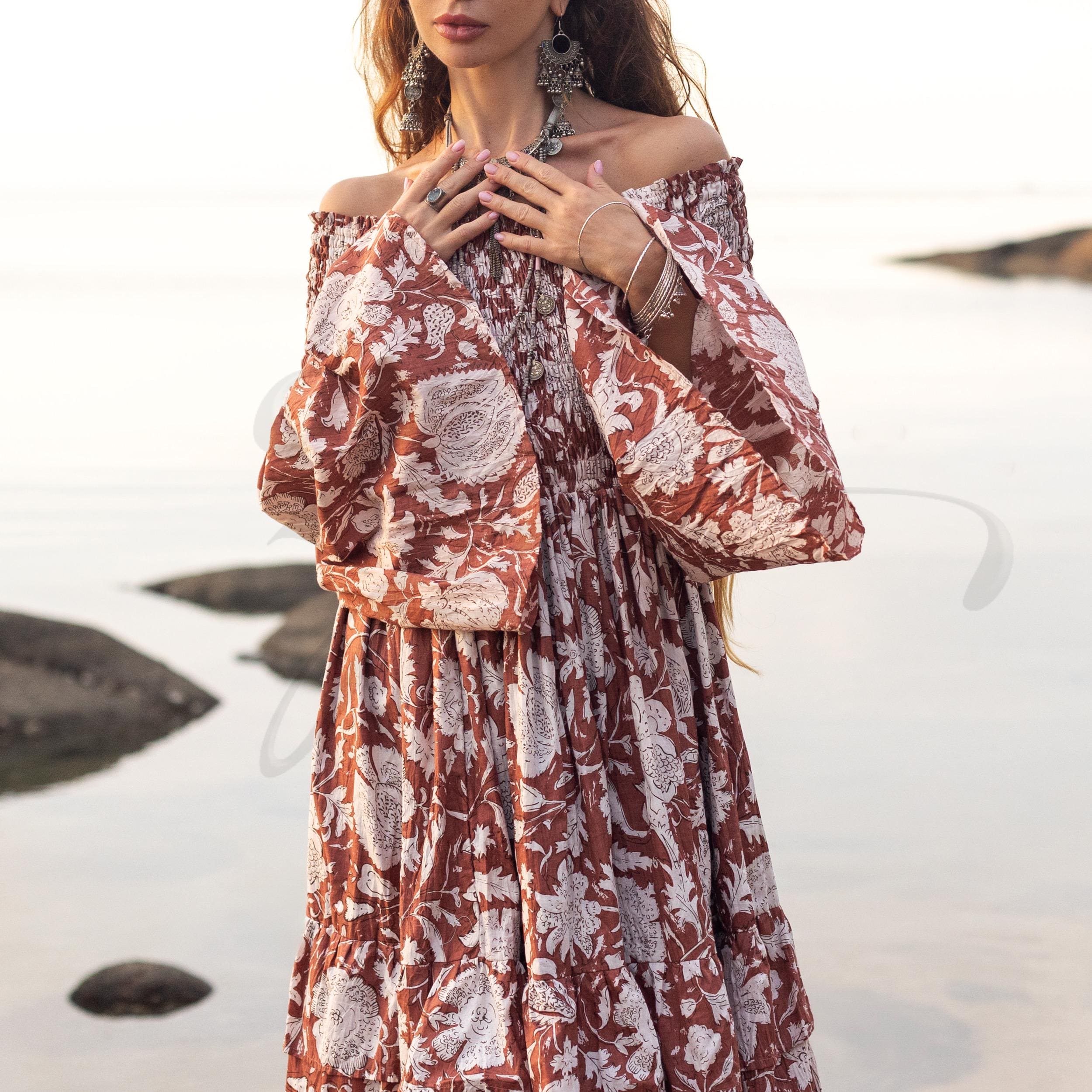 Boho Off-Shoulder Cotton Maxi Dress: Cinnamon Petal Floral Gown - Lucia Boho Off-Shoulder Cotton Maxi Dress: Cinnamon Petal Floral Gown - Lucia