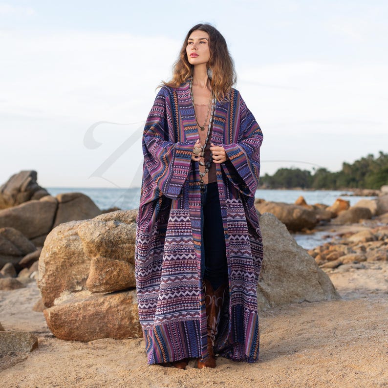 Breathtaking Plussize Handwoven Cotton Kimono Robe in Amethyst Glow