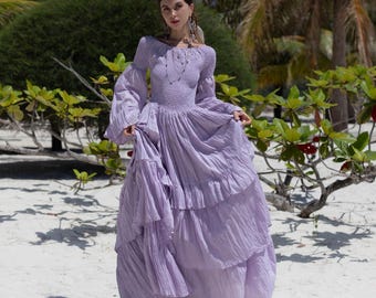 Handmade Lavender Boho Wedding Dress: Smocked Cotton Cottagecore Gown - Mila
