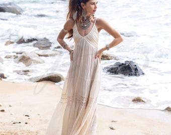 Vestido de novia bohemio de encaje: vestido largo de algodón con escote halter - Nathalie