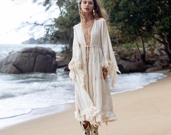 Ruwe katoenen boho midi-kimonostofdoek: bruidsgewaad met ruches - Cara