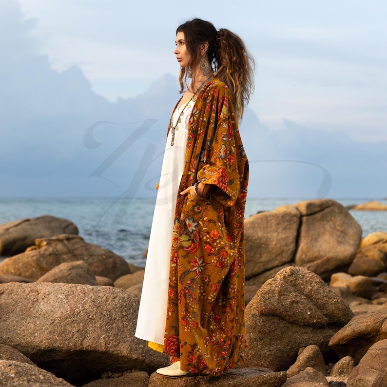 Jade Robe With Pockets Terra Bloom Velvet Duster, Plus Size Boho Kimono Coat With Pockets ...