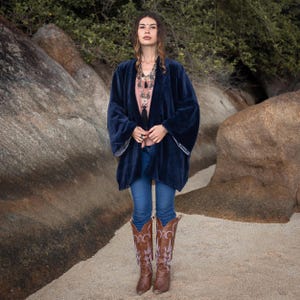 Indigo Velvet Kimono Jacket: Boho Chic Cotton Lined Coat - Mei